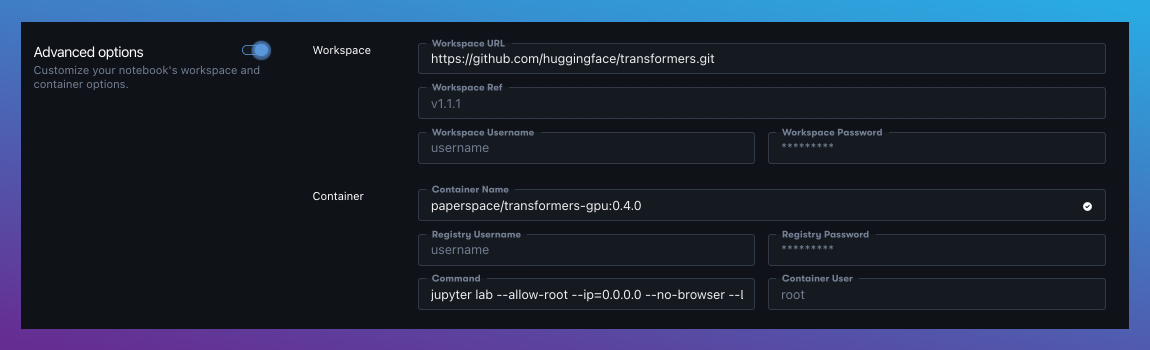 Workspace and Container parameters are available in the Advanced options section after enabling the toggle.