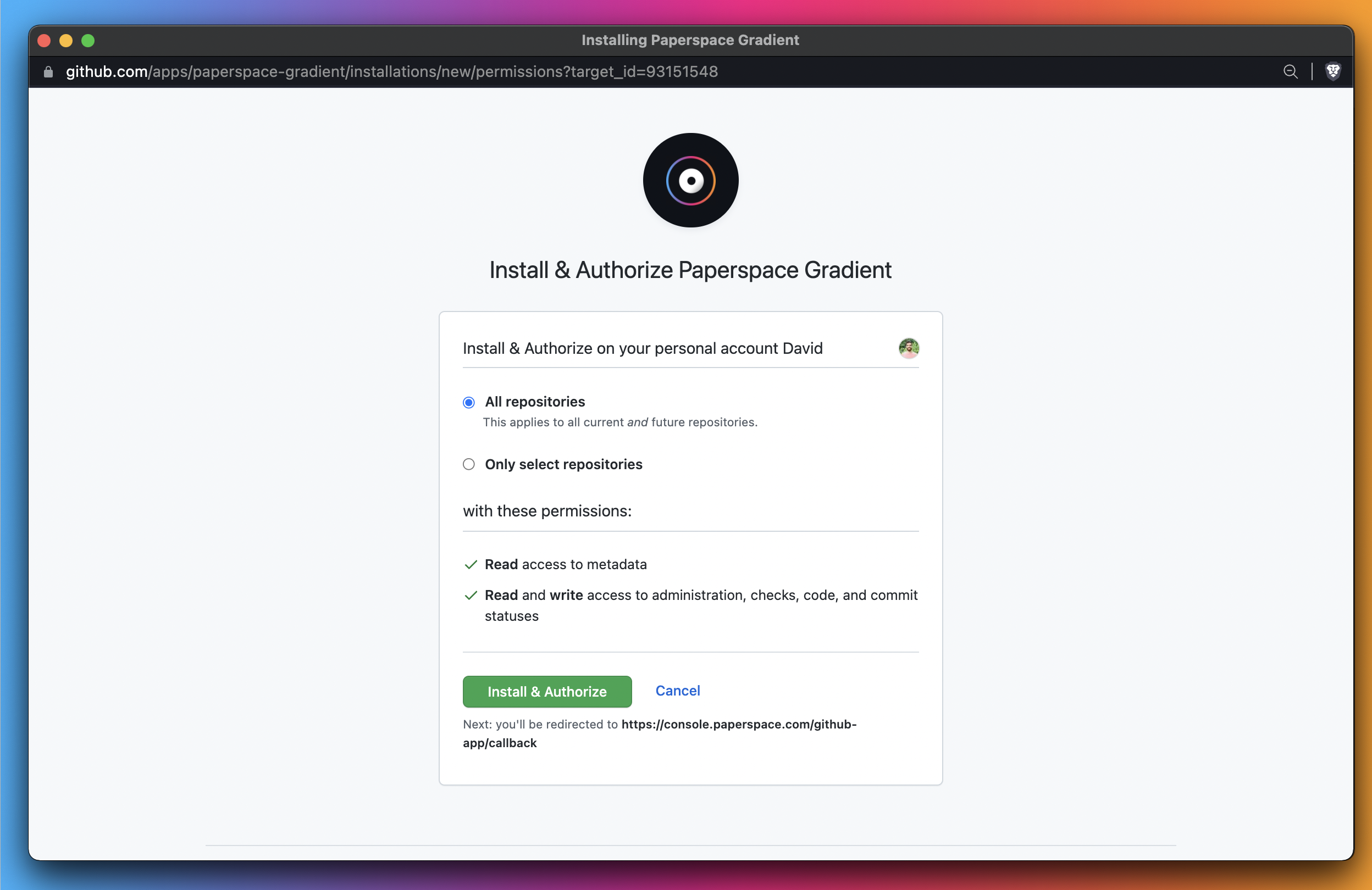 Here we&#39;ll grant Gradient access to at least QTY 1 repository on GitHub. It&#39;s perfectly acceptable to create a new empty repo in GitHub first and grant Gradient access to this repo only.