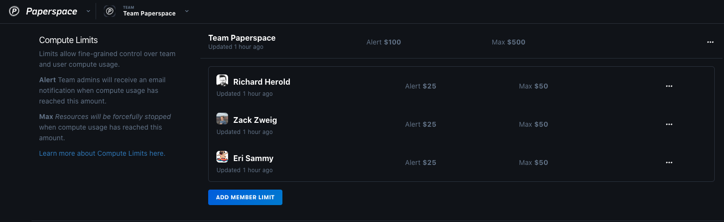 screenshot of the Compute Limits section of the account billing page