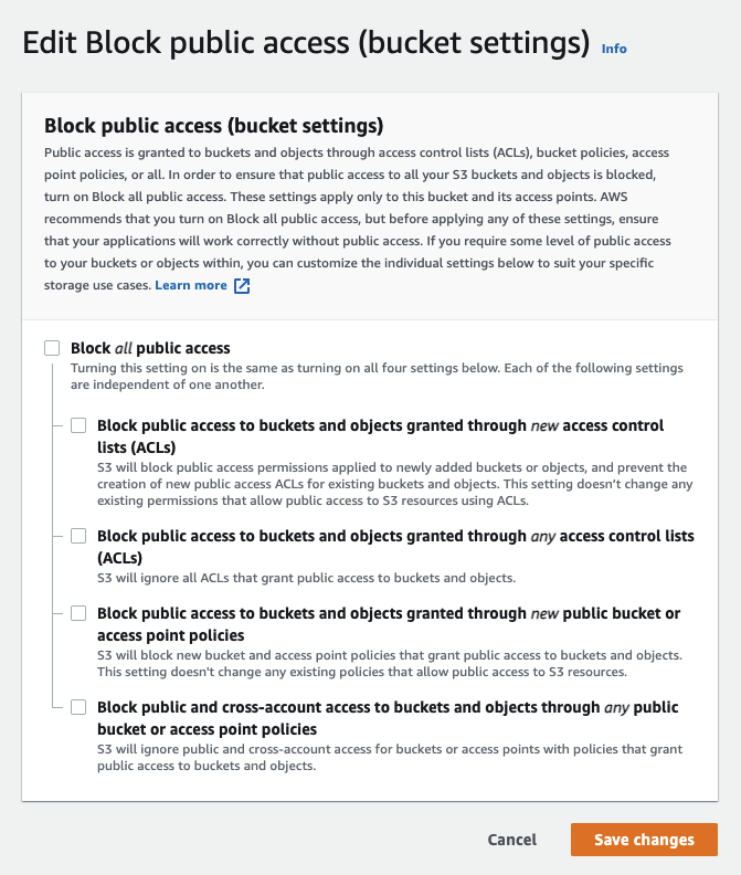 Unchecked &quot;Block all public access&quot; checkbox.