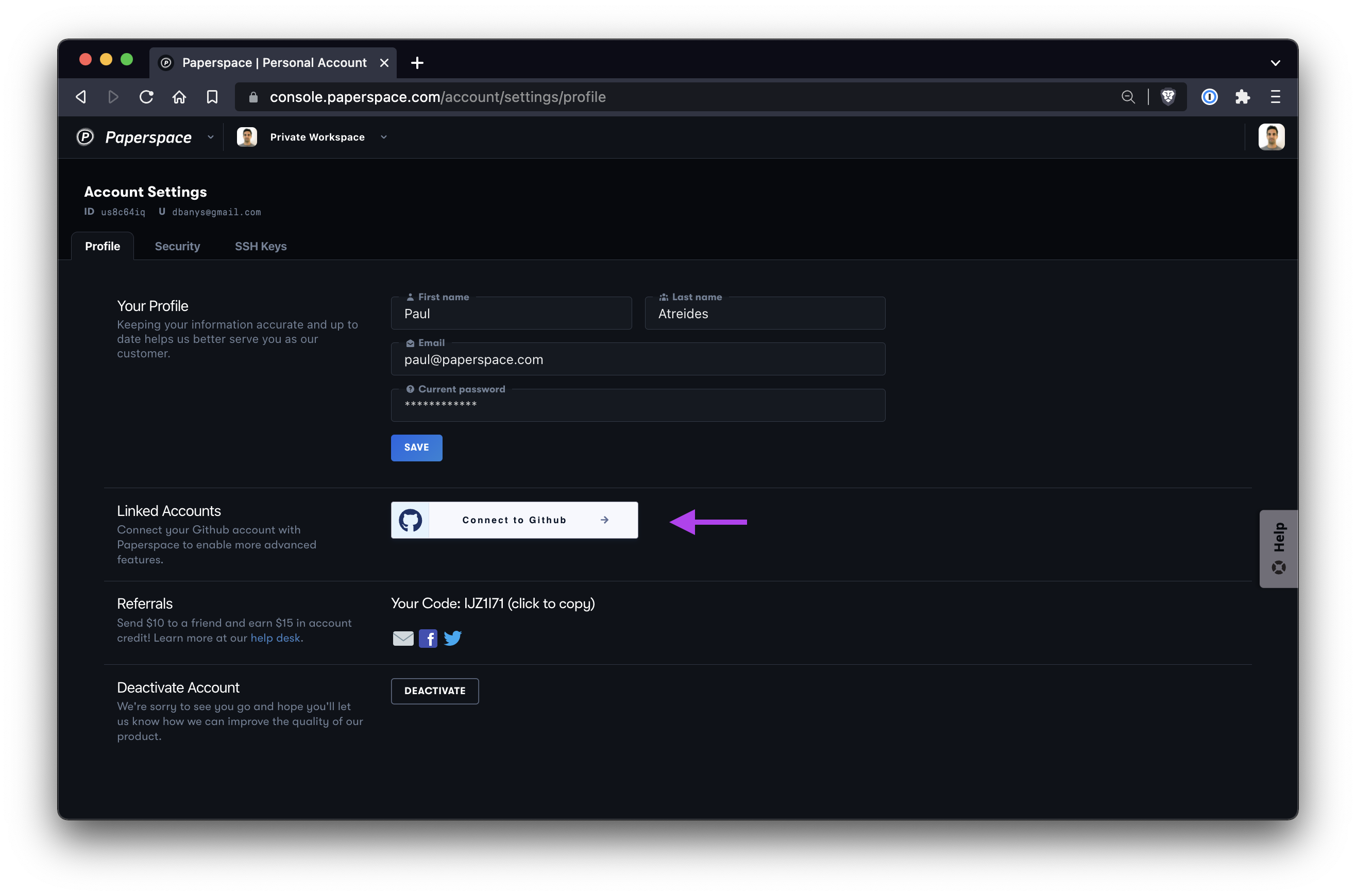 Look for the `Connect to Github` button in Account Settings.