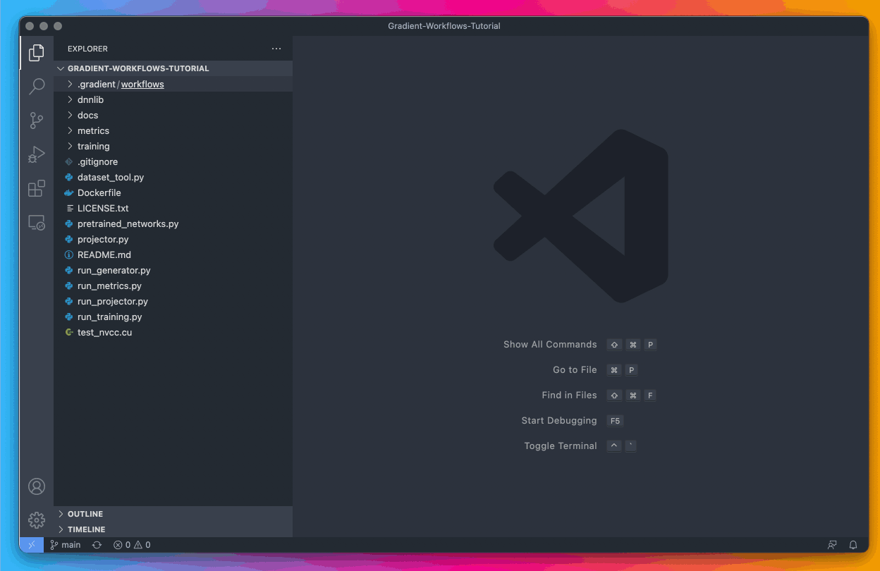 Here we are using our local machine to copy the contents of the new YAML file linked above. We then replace the YAML file located at .gradient/workflows/stylegan2.yaml with this new YAML file.