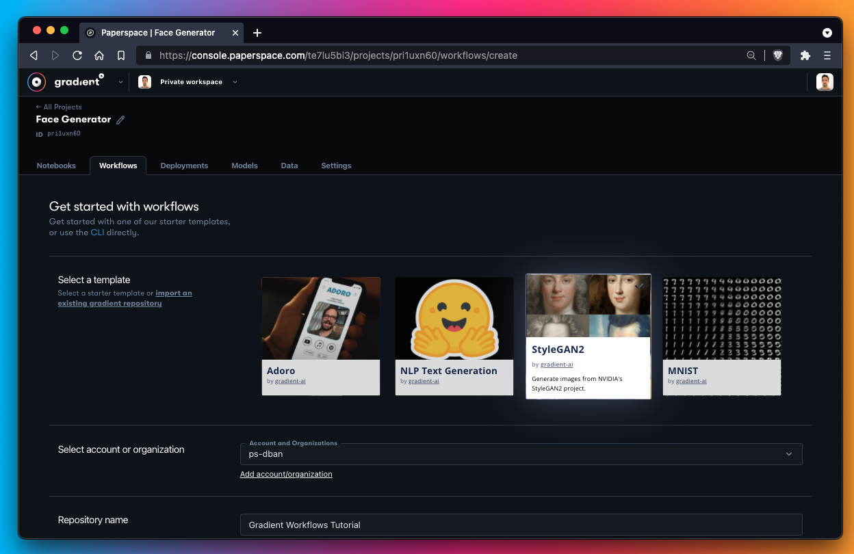 Once we have connected GitHub, we will be able to create a new workflow. For Repository name we have inputted &quot;Gradient Workflows Tutorial&quot; -- this will be the name of the repository that Gradient writes to GitHub on our behalf.