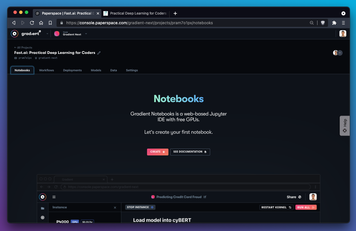 The Notebooks tab within a new project will urge us to create a new notebook.