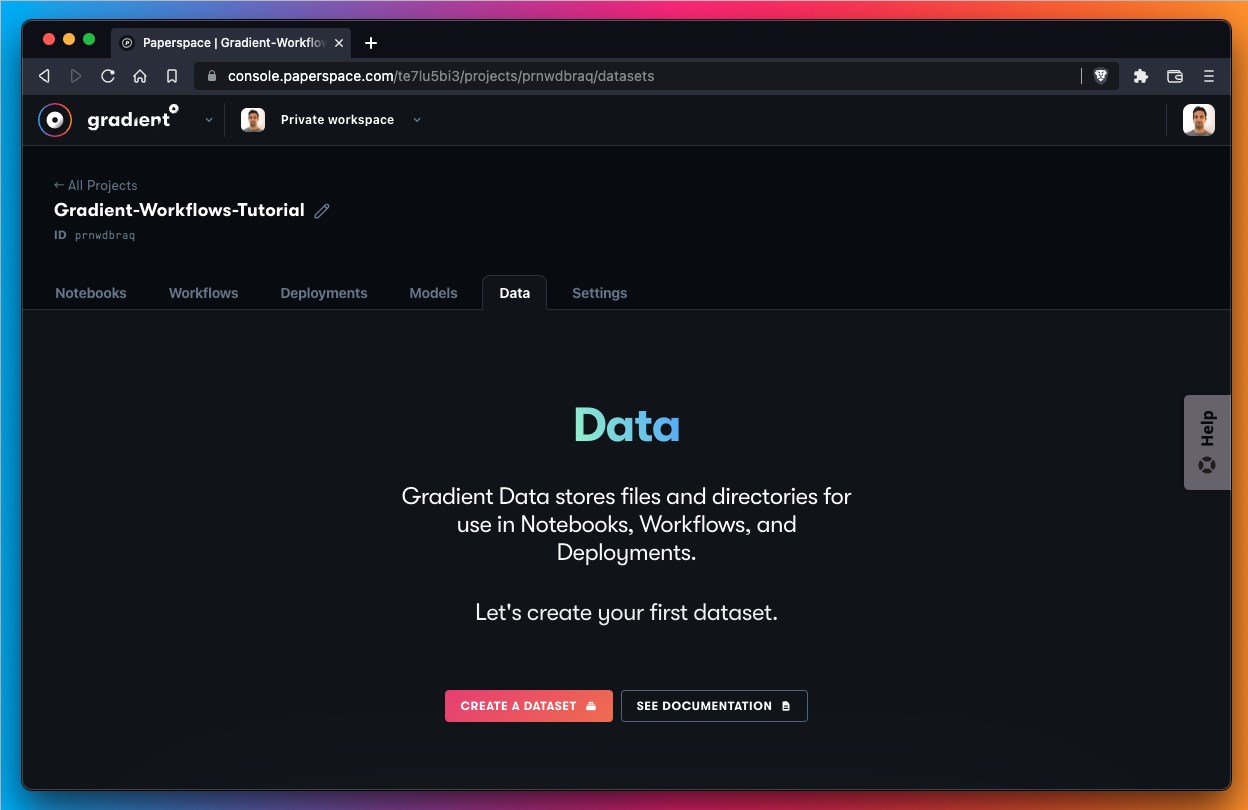 The Data tab is where we can store files and directories for use in Gradient Workflows.