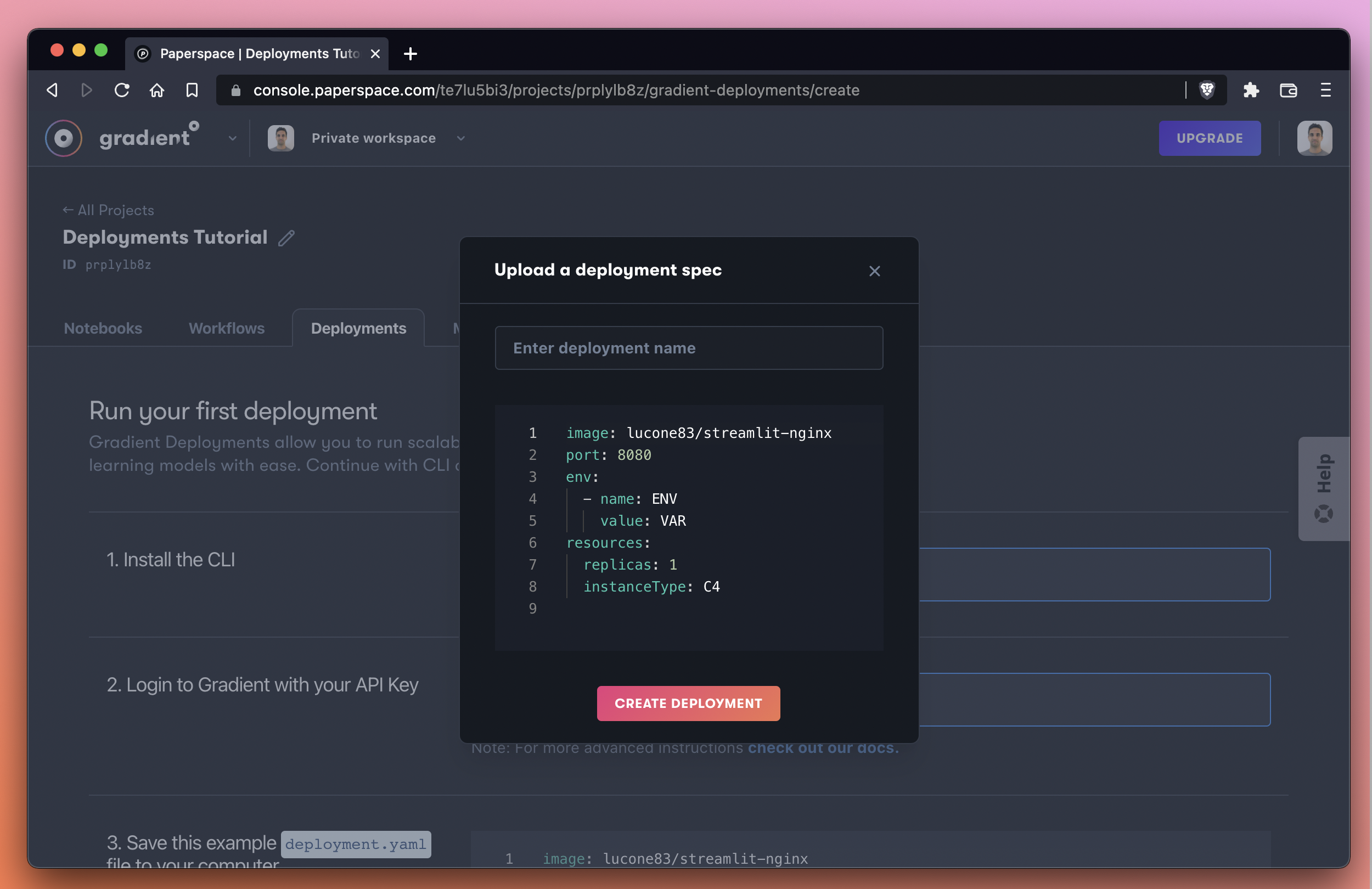 The default YAML spec when creating a new Deployment.