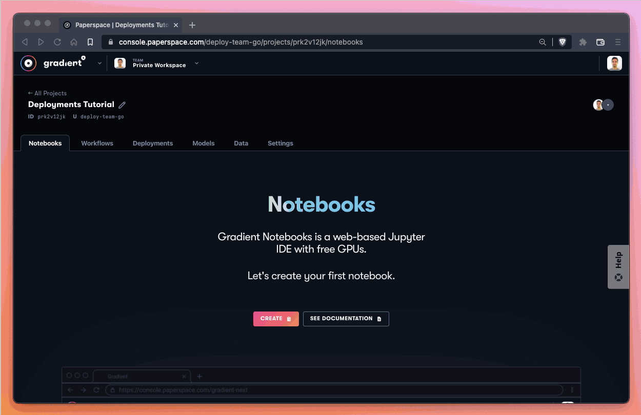 We create a notebook using the TensorFlow 2 runtime. Under Advanced options we will enter the URL of the .ipynb file from the onnx-deployment repo. Gradient will then automatically pull this file into our notebook.