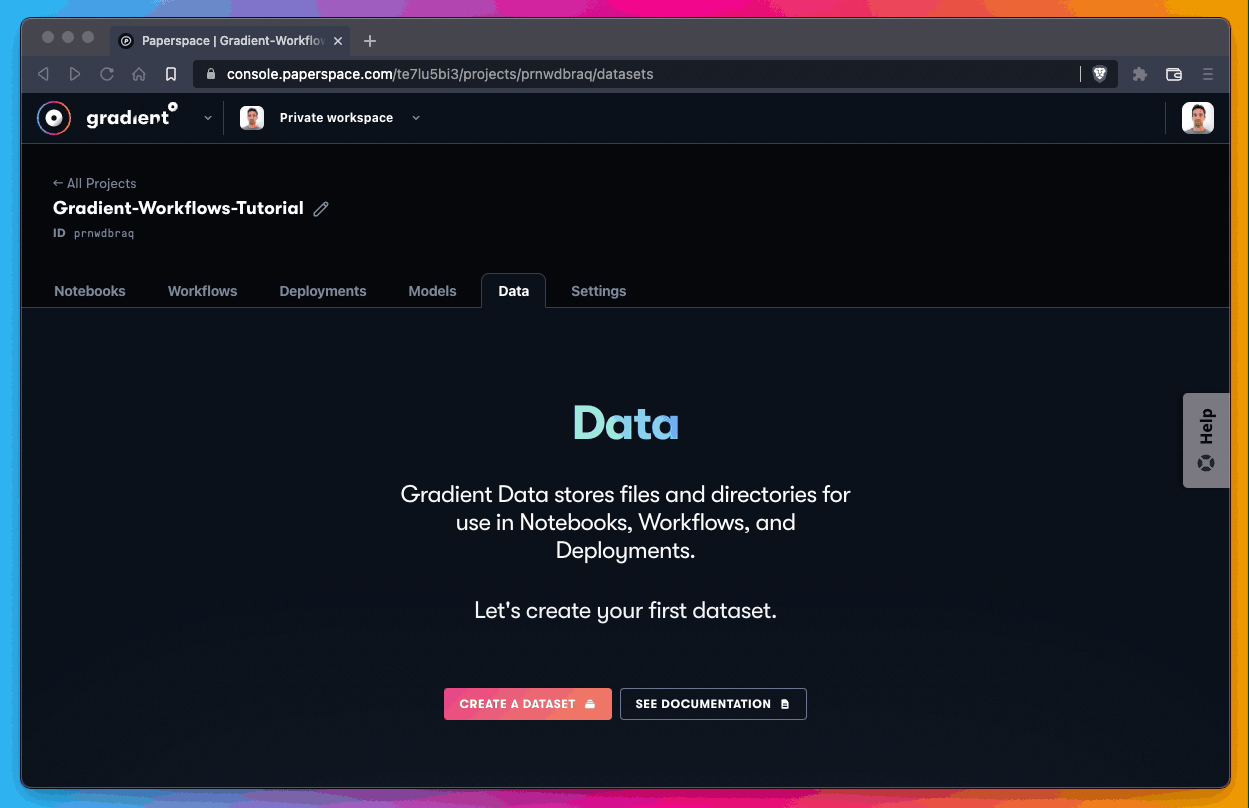We create QTY 4 empty datasets -- one for each of the referenced datasets in the YAML file. To do so we visit the Data tab in Gradient, provide the name of each dataset (listed above), and select for our Storage Provider the value Gradient Managed.