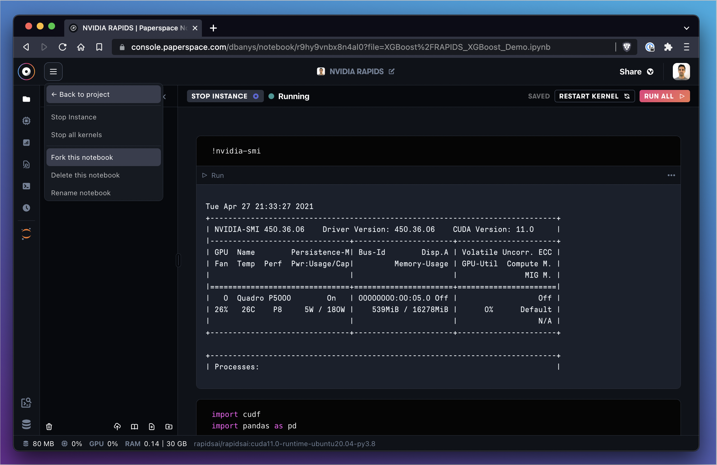 Notebooks can be forked using the menu within the notebook IDE.
