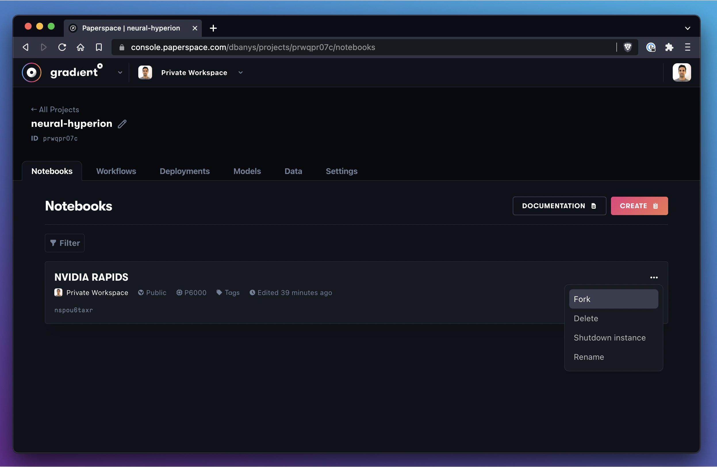 Notebooks may also be forked using the menu in the Gradient Notebooks console.