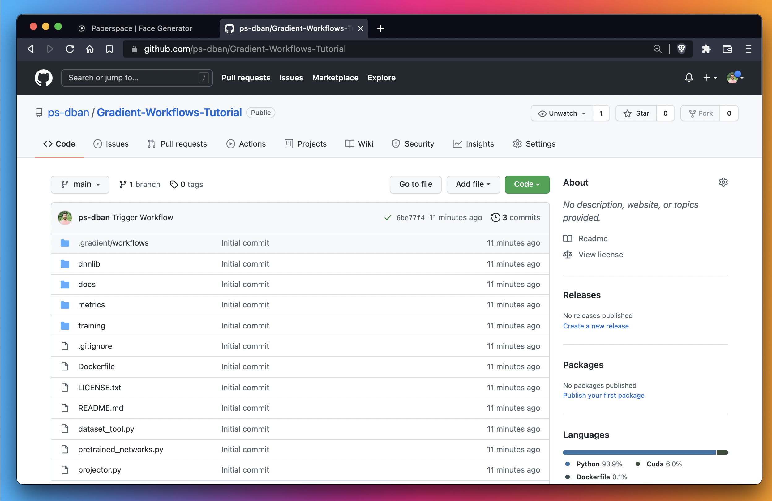 When we created the workflow in the Gradient UI, Gradient automatically wrote the files to GitHub to store the workflow.