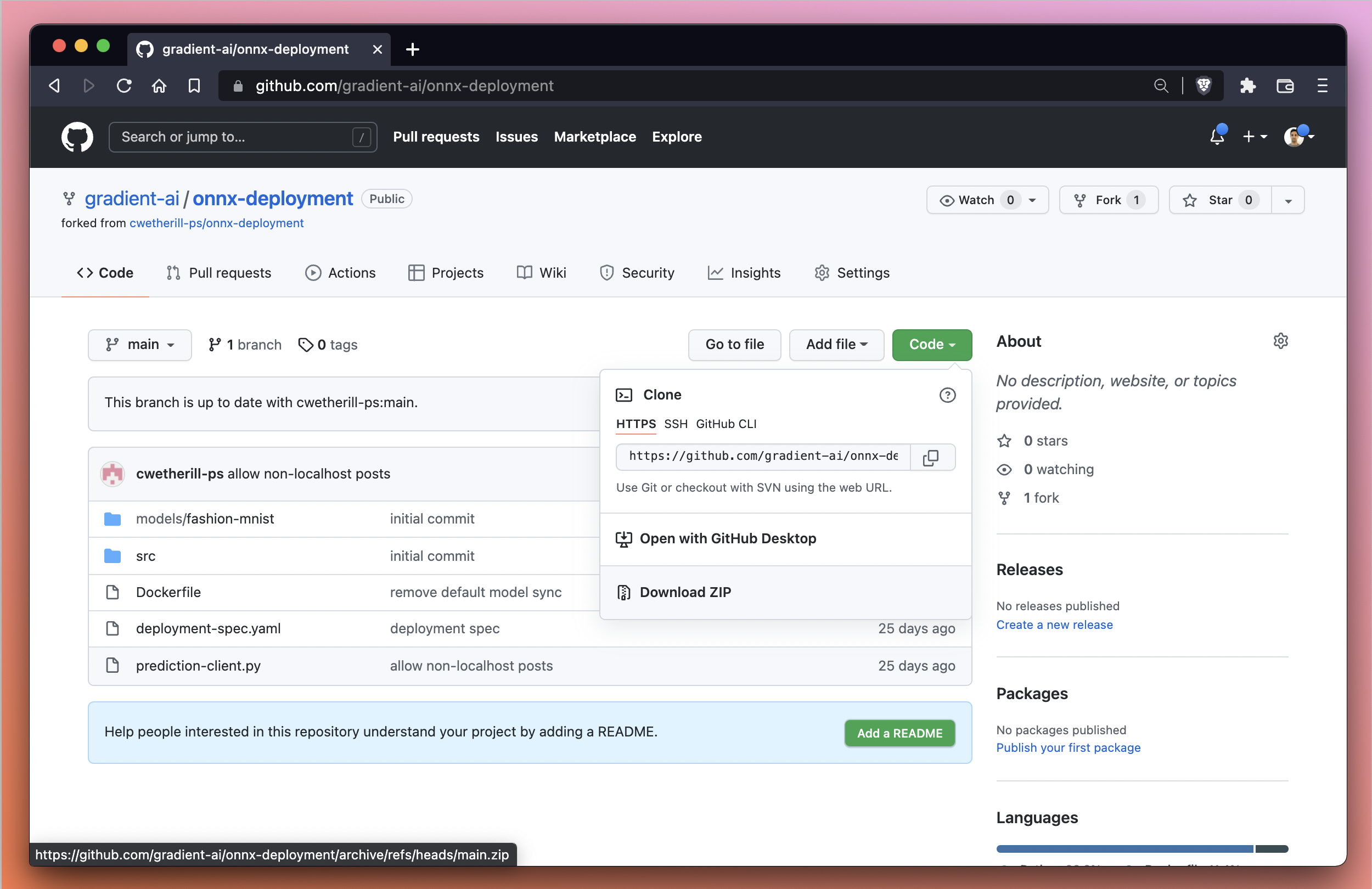 As an alternative to using the command line, we can download a repository from GitHub via the Code menu by selecting Download ZIP.
