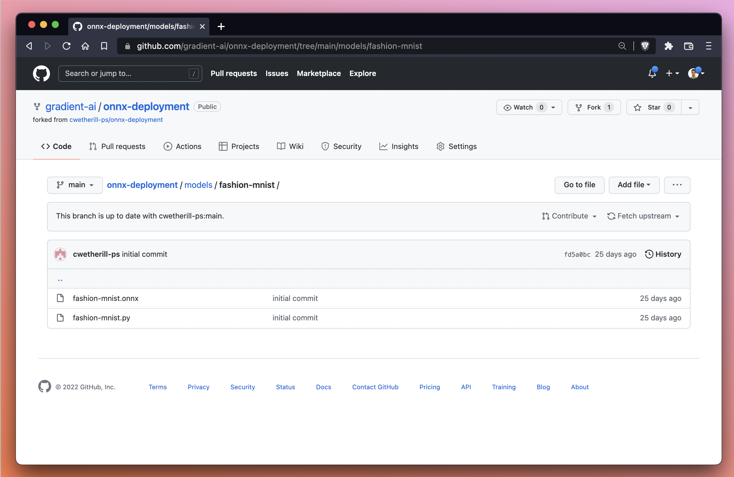 The model files we need to download and then upload to Gradient are available in the models/fashion-mnist directory of the onnx-deployment repo which is located at https://github.com/gradient-ai/onnx-deployment.