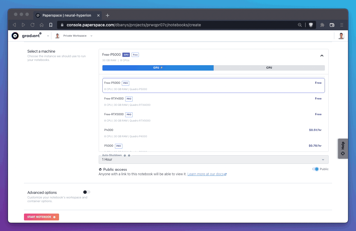 When creating a new notebook, we can select from a long list of GPU and CPU-backed machines.