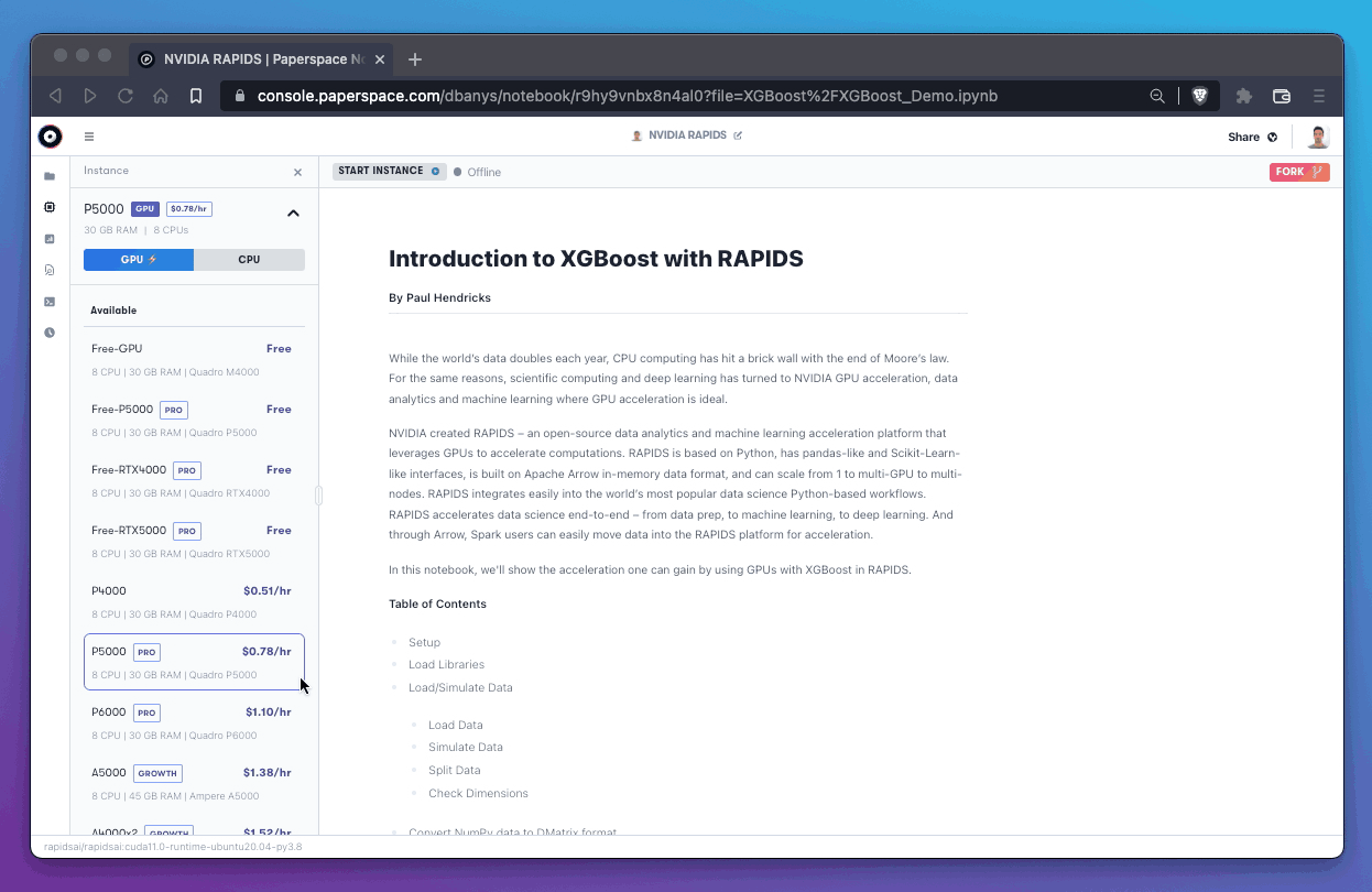Select a new instance using the instance selector available on the left side of the notebook.