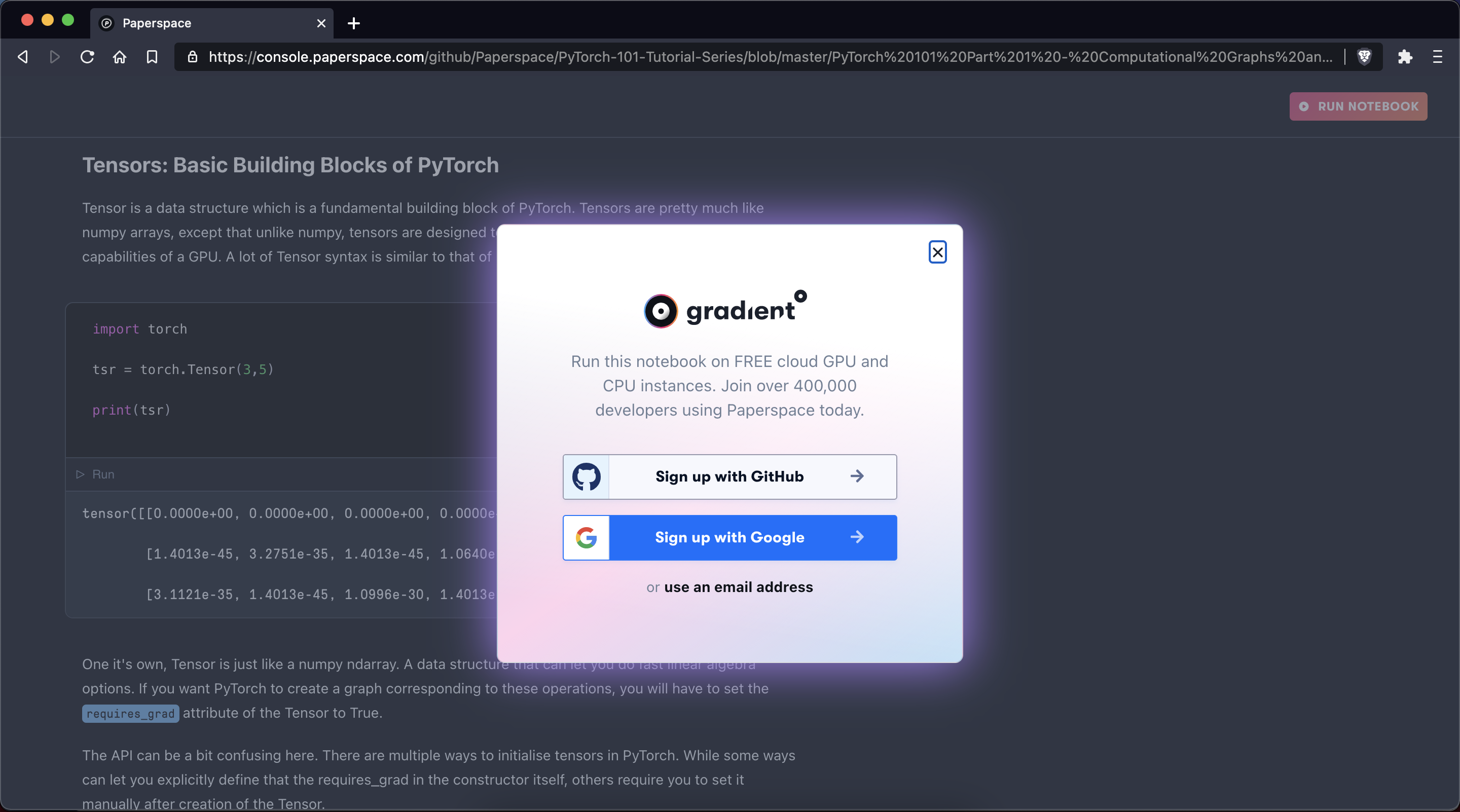 New users may quickly signup for a free Paperspace account to run the notebook