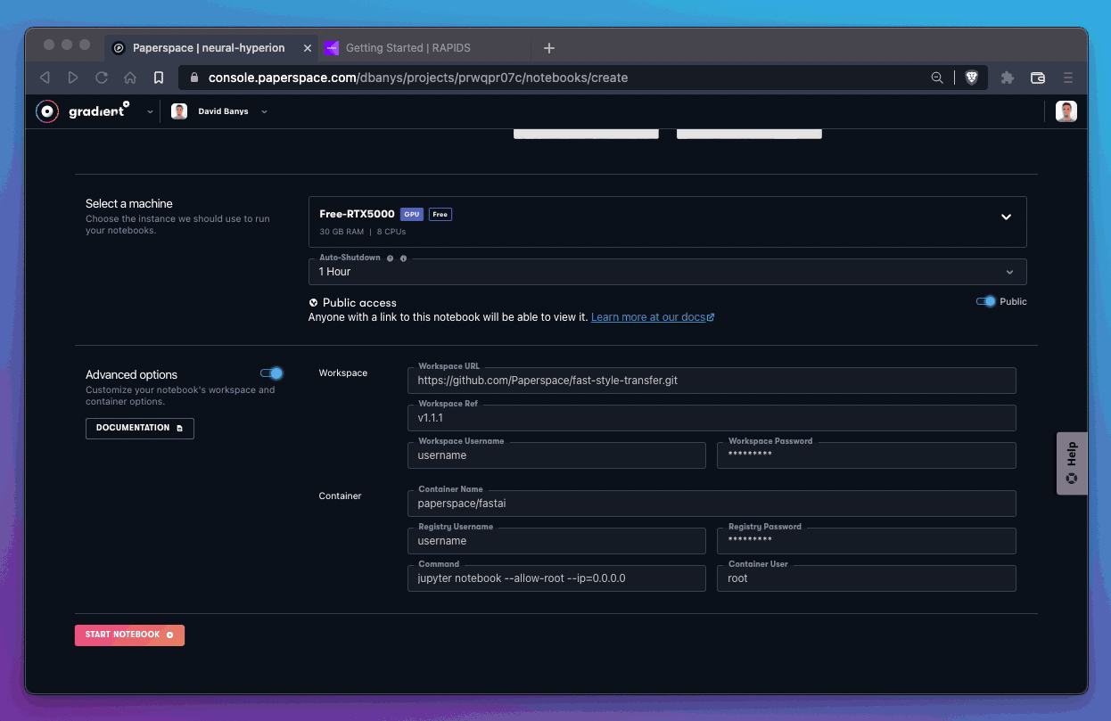 To pull the latest NVIDIA RAPIDS image, we can specify the DockerHub address in the Container Name field.