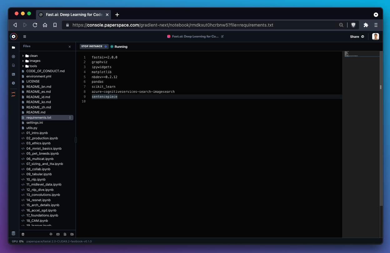 We can also edit non-ipynb files within the Gradient Notebooks IDE. Here we modify  a requirements.txt file.