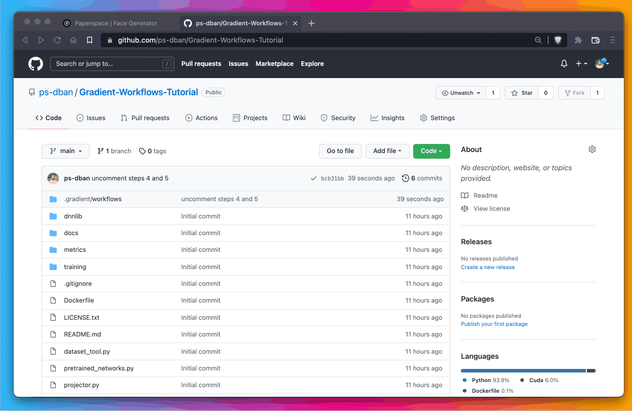 After we uncomment steps 4 and 5, we commit the changes to source control. This triggers a new workflow run in Gradient. We can confirm this by swapping over to Gradient and seeing the new run titled uncomment steps 4 and 5