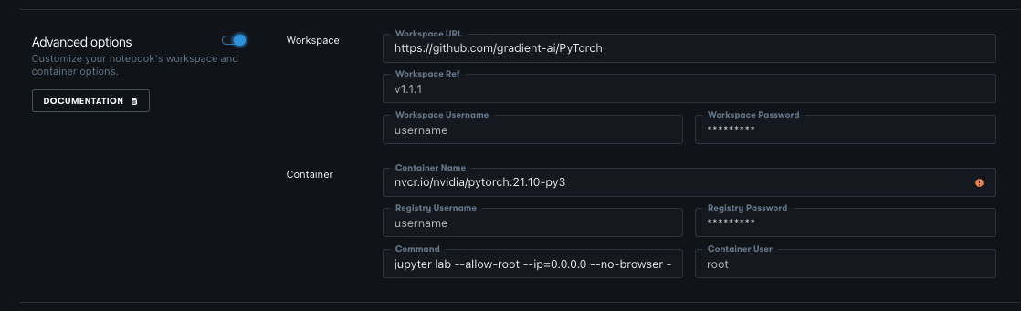 The Workspace Username and Workspace Password fields are useful for pulling files from private GitHub repositories.