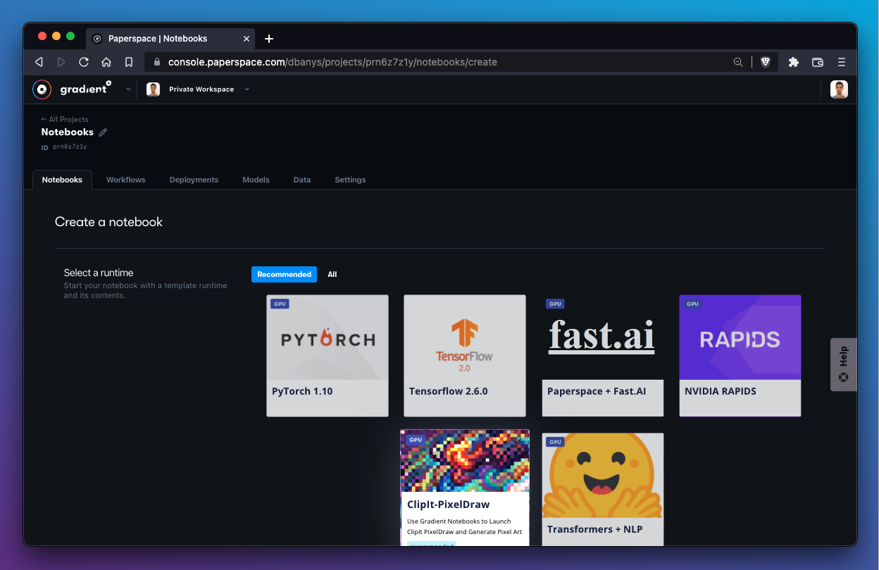 Gradient Notebooks offers a list of Recommended runtimes. We can also select the All option to view a more expansive list of runtimes that work out of the box.