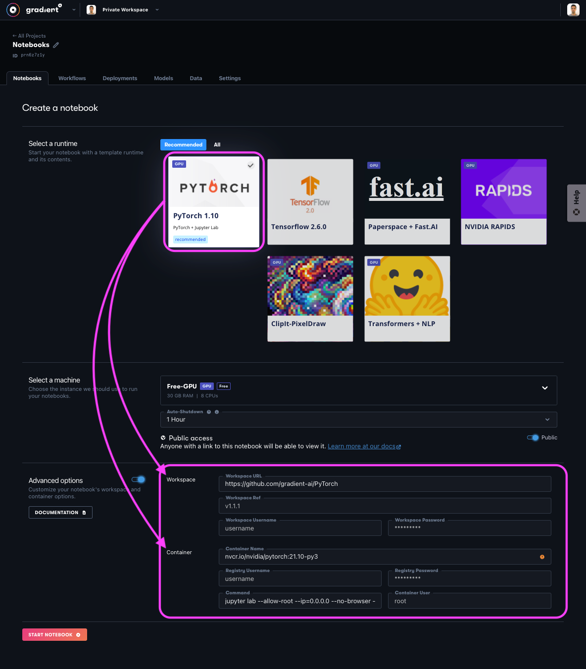 A runtime combines a specific workspace with a specific container. We can adjust either property in the Advanced options tab when creating a new notebook.