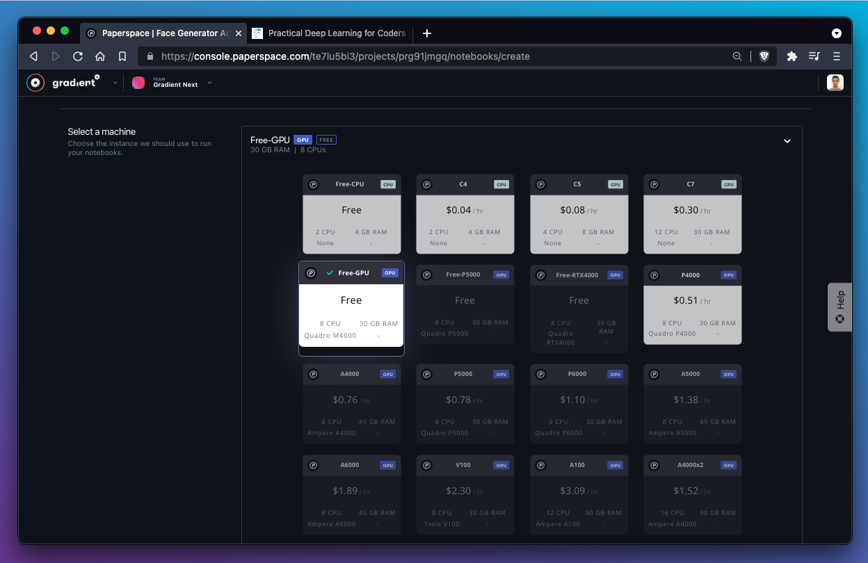 We&#39;ll select a Free-GPU instance. We can also upgrade our subscription at any time to unlock more powerful GPU instances.