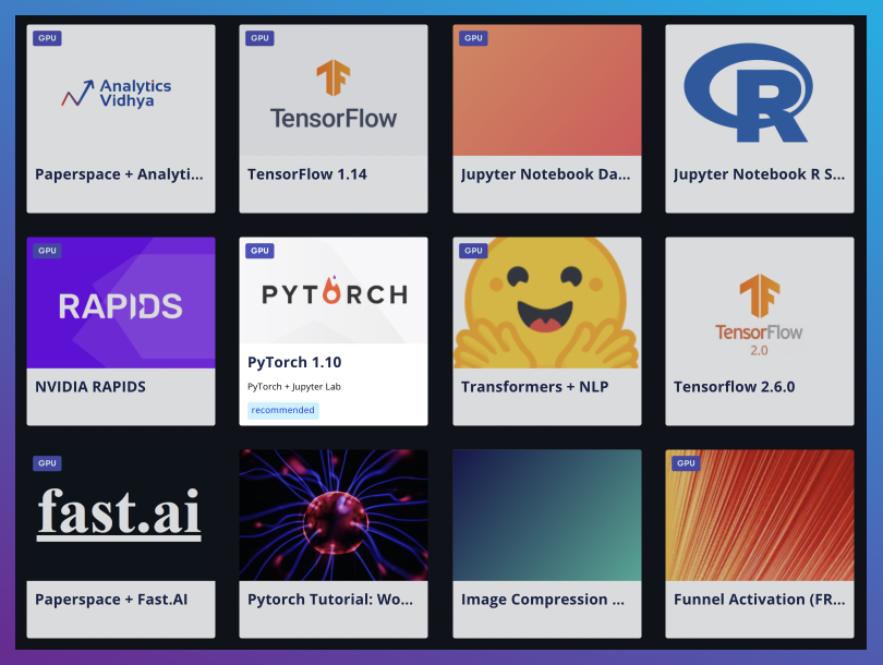 Selecting All in the runtime selector reveals a large number of prebuilt runtimes available on Gradient.