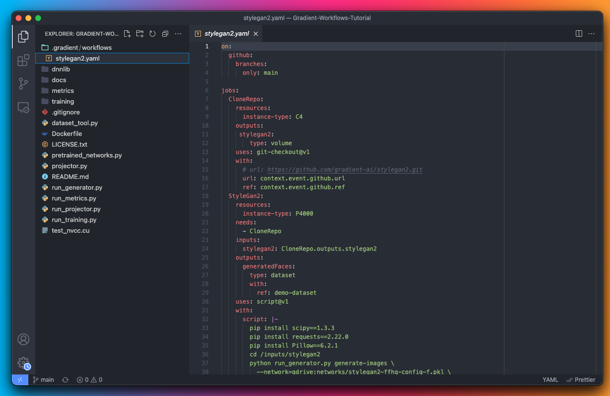 We&#39;ve opened the file called stylegan2.yaml which is available at /.gradient/workflows/stylegan2.yaml within the local directory that we cloned from GitHub.