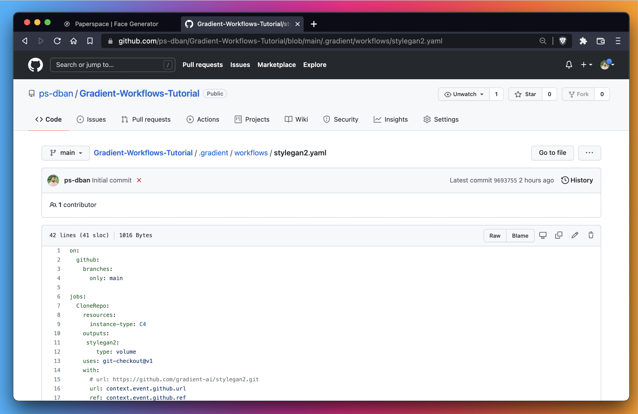 All we&#39;re doing here is verifying that the GitHub repository we created automatically in Part 1 has a YAML file that contains instructions for Gradient.